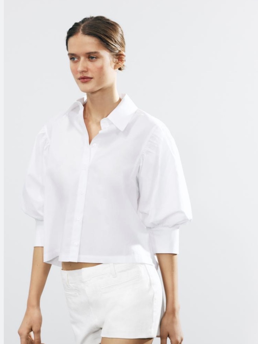 Zara NWT 2731/082 white Poplin Puff Sleeve Button-Up Shirt XS